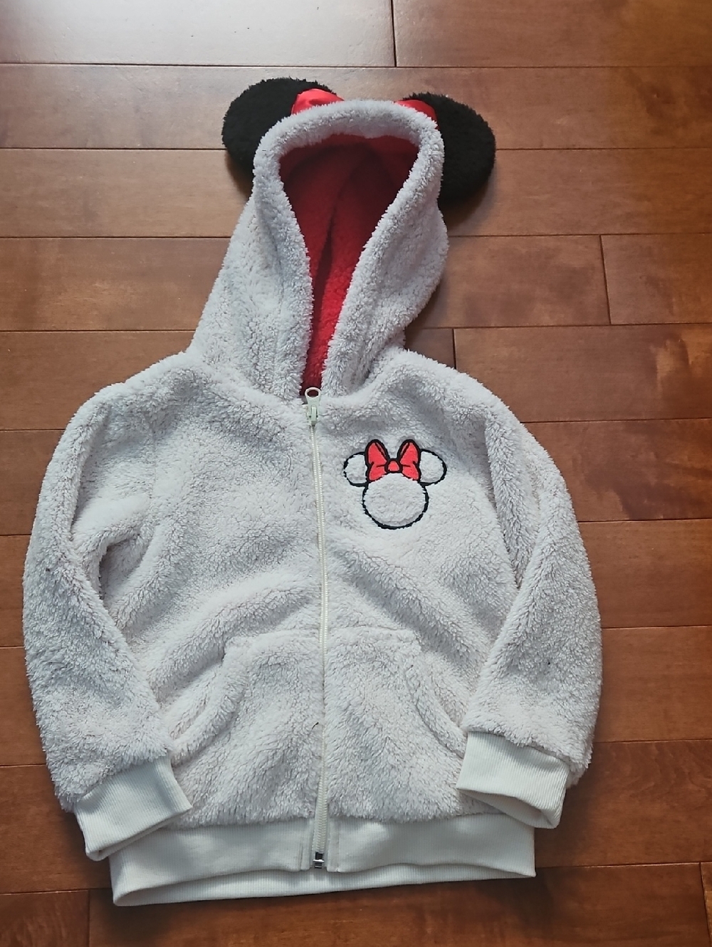 New Disney White Plush Zip-Up Hoodie with Red Hood Lining and Minnie Bow